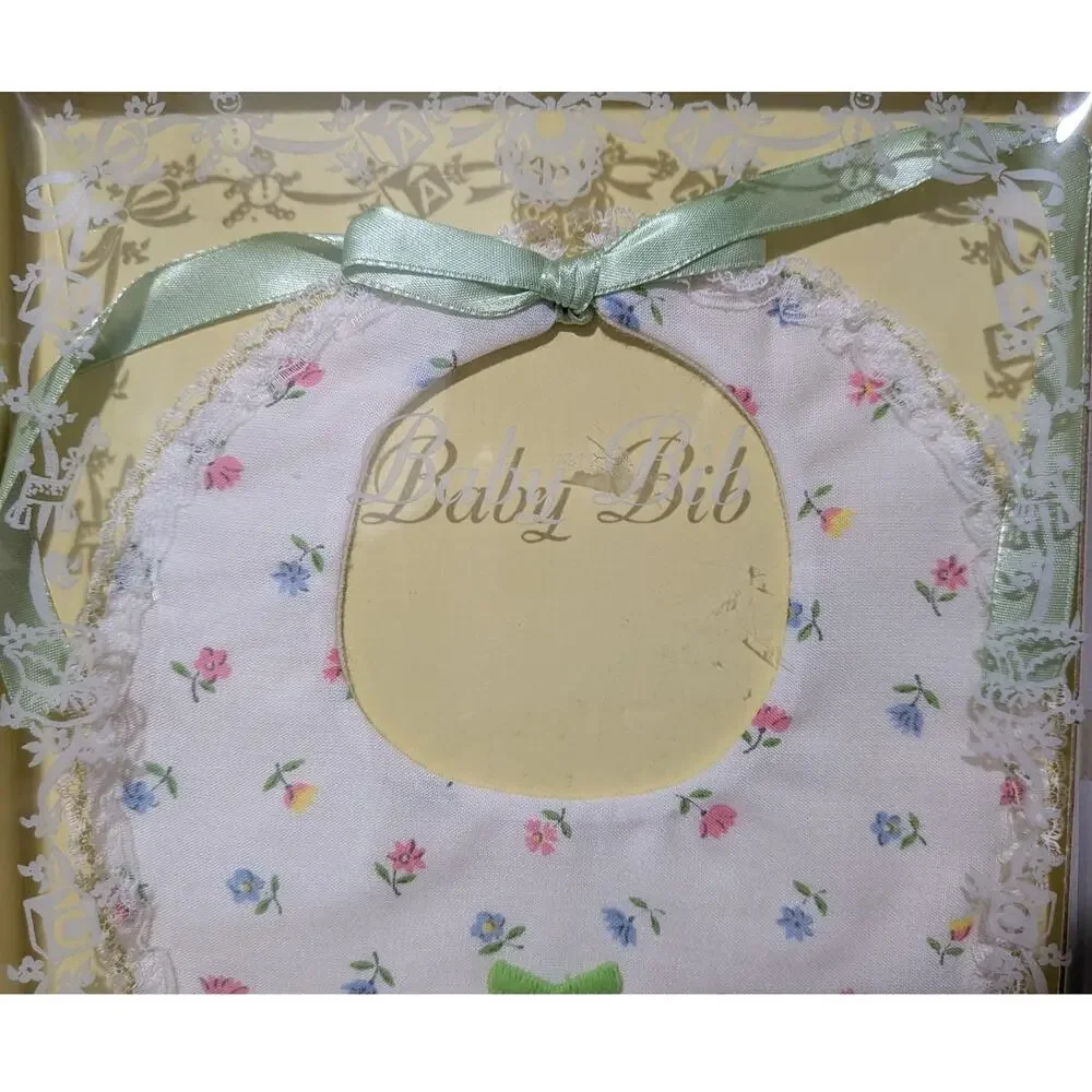 Vtg Pastel Floral Baby Bib New In Packaging Lace Trim Trim Bow 1990s Cottagecore